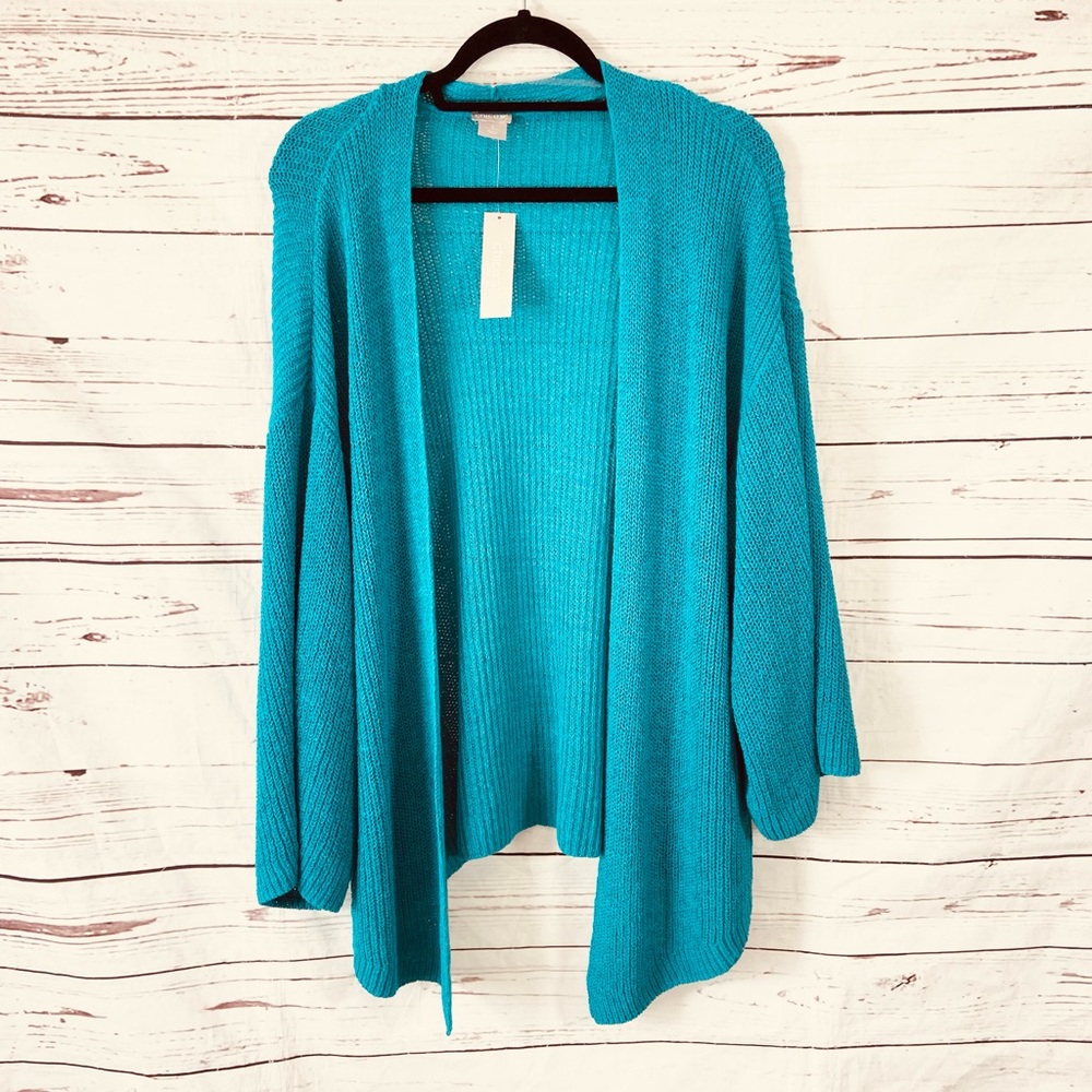 Chico’s Sweater Women’s 2 US‎ L/12 Blue Open Cardigan Textured 3/4 Sleeves